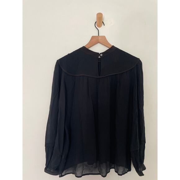 Amour Vert Black Silk Bibbed Peasant Top Small Balloon Long Sleeve Cottagecore - Picture 7 of 8